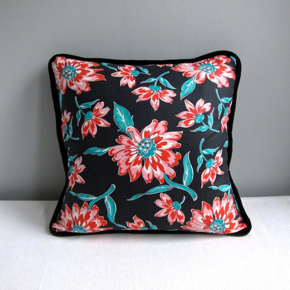 Vintage Fabric Pillow Cover Black Pink Turquoise Floral