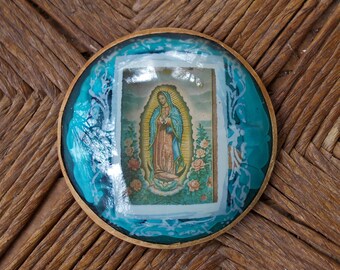 1930s Virgin Mary of Guadalupe Roses turquoise painted domed glass Antique Mexican Folk Art