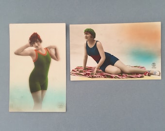 Beautiful French postcards, set if French vintage postcards, 1940s, bathing suit