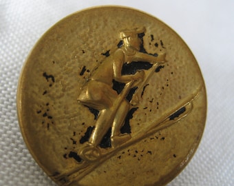 VINTAGE Gold Metal Snow Skier BUTTON