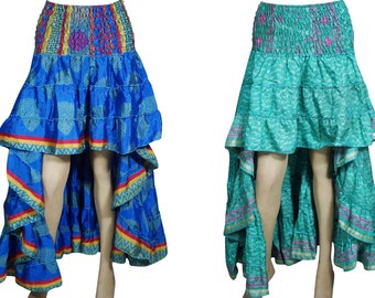 Boho Medley 2pc Hi Low Skirt Recycled Vintage Sari Gypsy Fashion Long Ruffle Flirty Flare Summer Skirts S/M