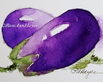 Original Watercolor Painting Eggplant Vegetable Garden Veggie Still Life ACEO