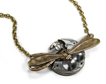 Steampunk Jewelry Necklace Vintage Pocket Watch Ornate Etchings Brass DRAGONFLY Womens Wedding Anniversary - Steampunk Jewelry by edmdesigns