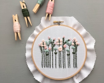 Wildflower Embroidery Kit - Pastels, DIY Hoop Art, Preprinted Fabric, Sewing Gifts, Embroidered Florals, Stitching, Handmade baby gift