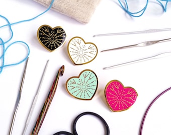 LAST CHANCE - Crafty at Heart - Crochet Knitting Sewing Hard Enamel Pin - Pink, Blue, White, Black, and Gold - Lapel Pin Cloisonné Badge