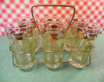 Vintage Metal Caddy Carrier - Set Of 6 Mod Glasses - 8 Ounce - 1960s
