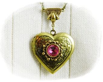 Locket, Necklace, Heart Locket, Heart Necklace, Antique Brass Locket, Pink Locket, Pink Necklace