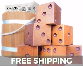 Yardzee | Yard Dice (6) - Lawn Dice Set With Hardwood Bucket, Score Cards, and Marker for Yardzee & Yardkle | Giant Dice Wedding Games |