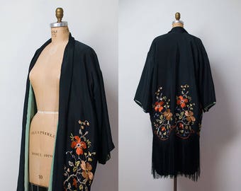 1920s Kimono Robe / 20s Fringed & Embroidered Jacket