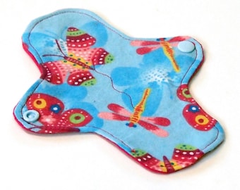 7 inch Reusable Cloth winged ULTRATHIN Pantyliner - Cotton flannel top - Bright Butterflies