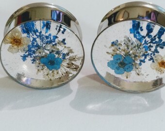 Real Flower Plugs Bright BLUE and WHITE HANDMADE Ear Plugs available in 0g (8mm) to 2" (51mm) sold in pairs Single flare or double flare