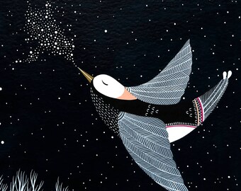 The Night Bird Sings His Lullaby - 8x8 Art Print - Contemporary Watercolor Painting - Nursery Art - by Natasha Newton