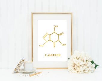 Caffeine Molecule gift coffee lover Gold Foil Print Black Print Gold Wall Art Hot Foiled Metallic Rose Gold Mural Prints Vintage Foil Quote
