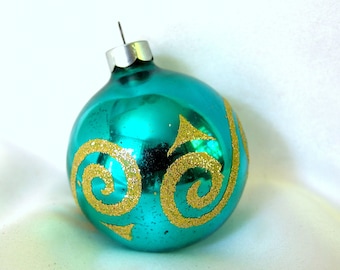 Aqua Christmas Ornament with Gold Glitter Swirls, Vintage Christmas Ornament