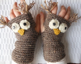 Crocheted Fingerless Mittens Gloves Beige Owl
