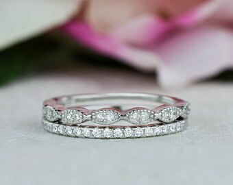 Art Deco Wedding Band and Half Eternity Band, Dainty Stacking Rings, Minimalist Engagement Ring, Man Made Diamond Simulants, Sterling Silver