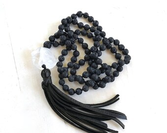 ROOT CHAKRA MALA - Mala Beads For Rebirth - Black Lava Mala Necklace - Mala For Grounding - Leather Tassel Mala - 108 Beads Mala