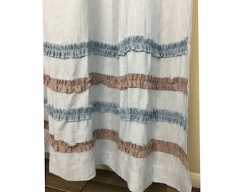 Blue And White Ticking Stripe Shower Curtain With Chambray Surf Raspberry Ruffle Rows