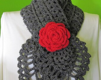 Charcoal grey scarf with a rose (red)