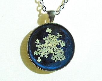 Queen Annes Lace Real Pressed Flower Midnight Blue Resin Pendant Necklace
