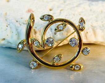 Vintage Anne Klein Crystal Brooch Designer Signed Gold Tone