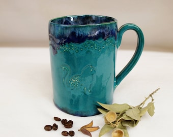 Extra Large Teal Coffee Mug with Ornate Cat