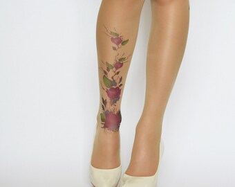 Delicate Tattoo Tights With Purple Flowers , Printed Handmade Tights , Tattoo Women's Pantyhose