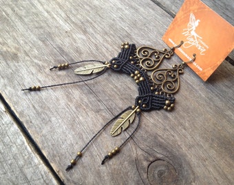 Big Macrame earrings boho chic feather bohemian jewelry by Creations Mariposa
