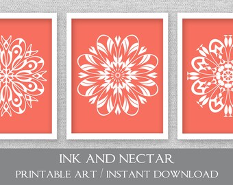 Printable Art, Coral Wall Art, Set of 3 Prints, Dining Room Art, Bedroom Wall Art, Wall Art Set, Living Room Wall Art, Printable Wall Art