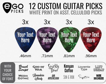 12 CUSTOM GUITAR PICKS - White print on Asst. Celluloid Guitar Picks - Text only