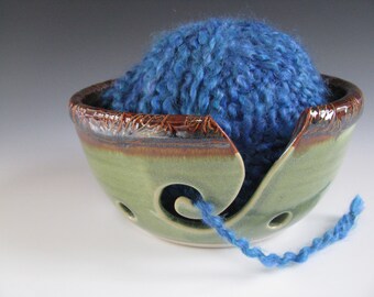 Ceramic Yarn Bowl, Pottery Knitting Bowl, Earthy Brown and Spearmint Green, Leafy Rim
