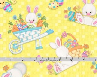 Easter Bunny Fabric, Yellow Easter Quilt Fabric, Henry Glass Hop to It HEG 6857 44 Shelly Comiskey, Rabbit, Easter Fabric, Easter Cotton