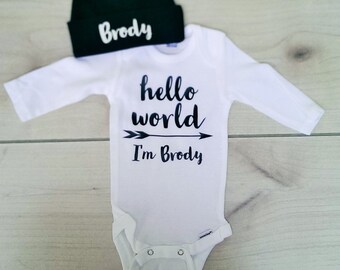 Personalized Boy's Hello World Onesie with navy beanie hat set. Boy's Bring Home Outfit. Boy's Newborn Outfit. Take Home Outfit.