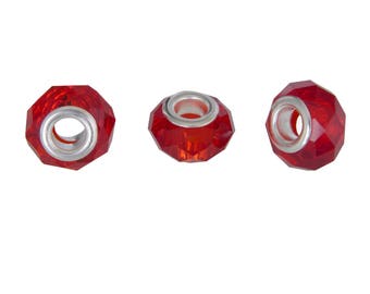 Bag of 3 charms glass donut rondelle beads red faceted translucent 14x9mm - free shipping