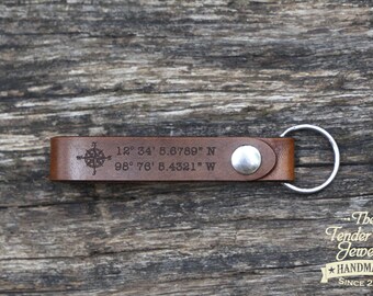 Leather Keychain GPS Coordinate Longitude Latitude Leather Key Fob Leather Key Strap Personalized Key chain Customized Keychain Keyring