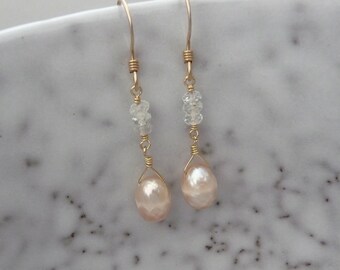 Pearl and Gemstone Drop Earrings, Freshwater pearl earrings, Champagne color faceted pearls, Pearl dangle earrings