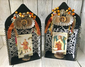 Small saint shrine embellished assemblage black metal/ changeable picture/ choose one/ free shipping US