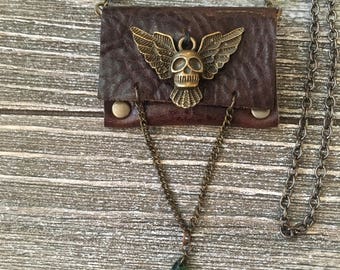 Flying skull Leather Pouch Necklace-Dark Brown and Bronze-Rocker Accessories-Guitar Pick Case Necklace-Rocker Jewelry-Valentine's Gift-