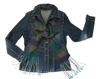 Black Scarf Handwoven, Yellow Teal Purple Blue and Black Scarf, Tencel Scarf Diamonds, Hand Woven Scarf Hand Dyed, Fall Scarf Winter