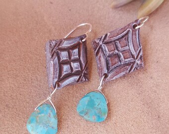 Leather and Turquoise Earrings - Silver Paint - Distressed - Tooled Leather - Rustic - Flowers - Hand Painted - Sterling Silver - Cowgirl