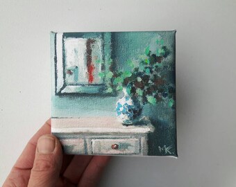 small canvas print, acrylic painting , flower print, stillife print, bohemian print, small painting, tiny canvas, mini canvas, 4x4 print