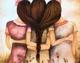 Two sisters best friends with brown hair art print