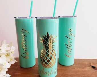 Pineapple Tumbler, 20oz Skinny Stainless Steel Cup, Monogram Pineapple Cup, Custom Pineapple Gifts, Gift for Her, Custom Gift Personalized