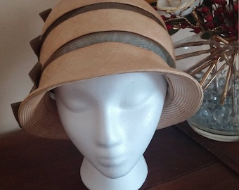 Vintage Natural Straw and Kakhi Netting Cloche Hat by John Frederics