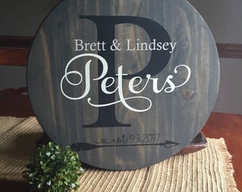Round wooden monogram sign