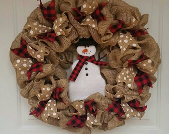 Snowman Wreath / Burlap Wreath / Christmas Wreath / Buffalo Plaid Wreath / Wreath for Door / Holiday Wreath / Front Door Wreath