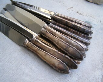 12 Antique German Knives, Silver Plate and Stainless Steel Butter Dinner Knife Set, KK 90 Gravuri 30s German Silverware, Vintage Cutlery