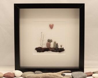 Pebble art, picture art family of four, unique family gift, fathers day gift, birthday, pebble family 4, family gift, pebble picture.