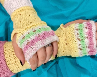 NEW LISTING! Pink, Yellow and White Fingerless Gloves