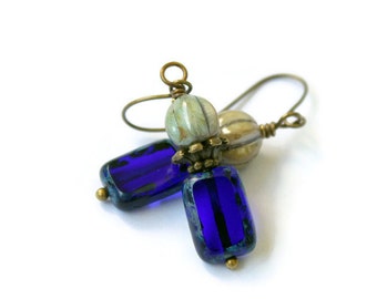 Czech Glass Earrings - Cobalt Blue and Melon Green Earrings - Petite Earrings - Short Dangles - Lightweight - Handmade Jewelry - For Women